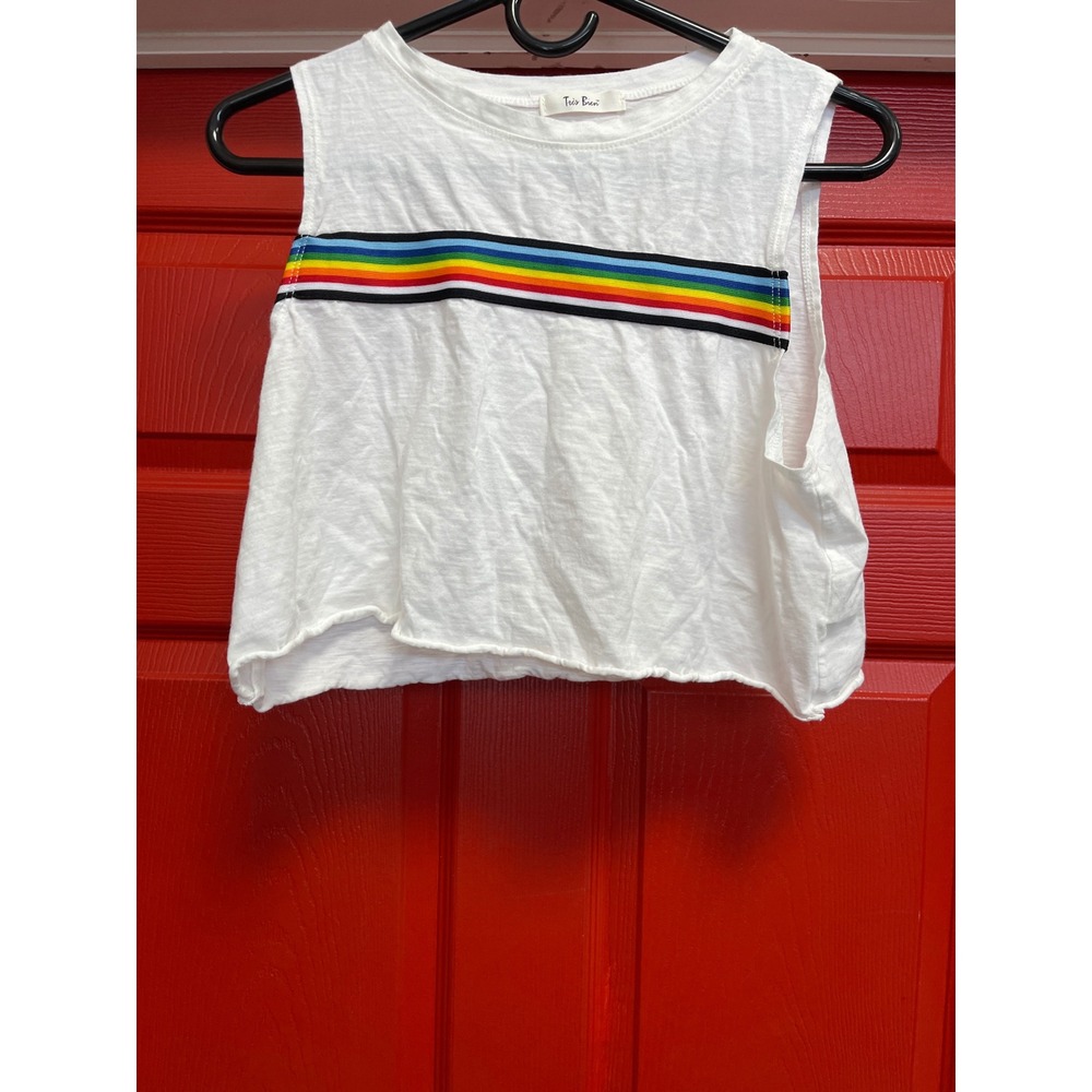 Tres Bien White Rainbow Stripe Sleeveless Crop Top Tank Slub Knit Raw Hem